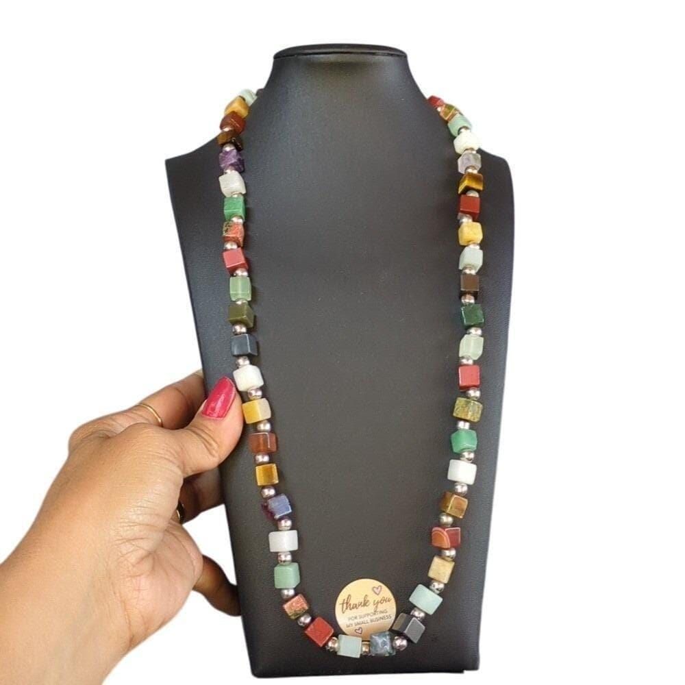 Cube Stone Bead Necklace Colorful Gemstone Statement Jewelry Fashion